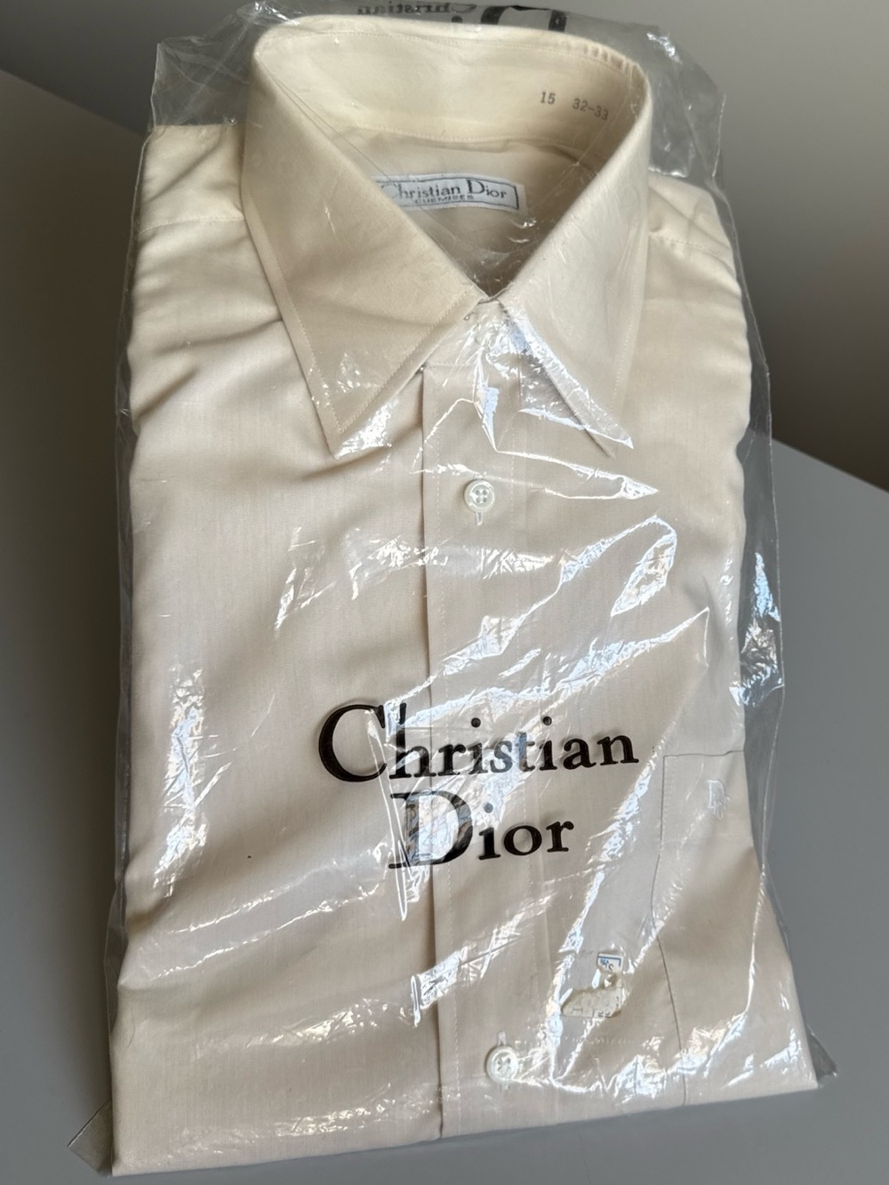 Vintage Christian Dior Chemises Long Sleeve Button Down Beige Shirt NWT 15 32-33